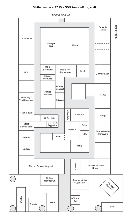Plan des Ausstellungszeltes der BDS Leistungsschau auf dem 440. Mathaisemarkt Schriesheim 2019