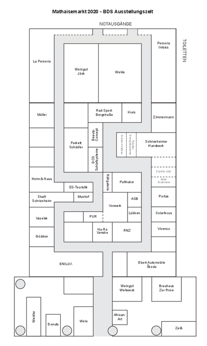 Plan des Ausstellungszeltes der BDS Leistungsschau auf dem 441. Mathaisemarkt Schriesheim 2020