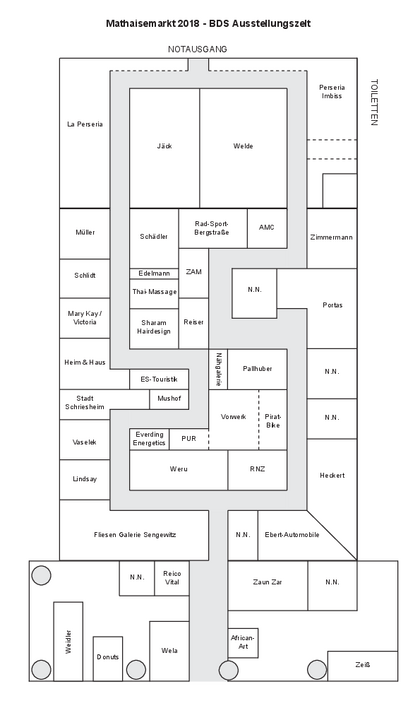 Plan des Ausstellungszeltes der BDS Leistungsschau auf dem Mathaisemarkt Schriesheim 2018